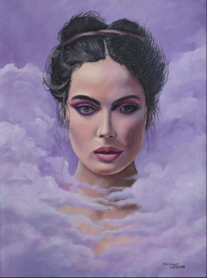 A hyper-realistic portrait of a woman's face and shoulders surrounded by soft, purple and lavender clouds. She has dark hair in an updo and dramatic pink eye makeup, gazing intensely at the viewer.