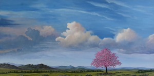 This painting shows a vast, peaceful landascape with rolling green fields under a wide sky filled with soft, billowing clouds. A single tree covered in bright pink blossomes stand alone in the foreground, creating a gentle, serene focal point.