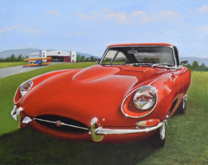 This painting is a close-up of a bright red 1960s-era Jaguar onvertible with prominent chrome details, parked on a bright green lawn. In the blurred background are an airfield hangar and the tail of a yellow and blue biplane.
