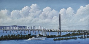 This painting shows the modern Champlain Bridge spanning a wide blue river, with a large, white superyacht cruising underneath its main tower, set against a distant, high-rise Montreal cityscape and a dynamic, cloudy blue sky.