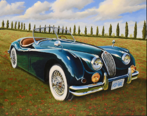 This painting showcases a sleek, black, british Jaguar convertible at the forefront of a beautifully bright summer tuscan scenery