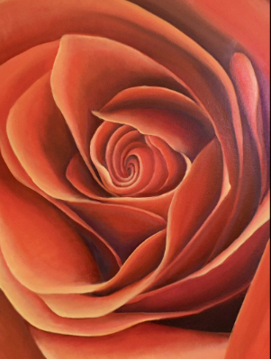 A close-up painting of a rose in warm red and orange tones, with petals spiraling tightly toward the center.