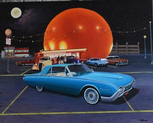 This painting is a vibrant night scene of the iconic Orange Julep diner in Montreal, which is a giant orange sphere. A bright 1960s-era blue Ford Thunderbird is parked prominently under a huge, glowing full moon and a warm, orange-lit parking lot.