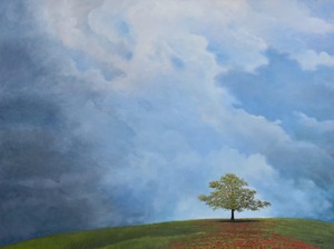 Painting of a relaxing sunny scene of a quaint winery in Rougement in the Eastern Townships of Québec Province, Canada. 