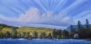 This is a wide panoramic painting of a dark blue lake featuring several white sailboats moored near the shore of a golden-green hill. The sky is dominated by a large white central cloud with dramatic, radiating blue and white streaky clouds above.