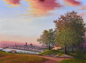 This painting shows a peaceful hillside at sunset, with warm light falling over trees and a small house in the foreground. Below the hill, a European cityscape with historic domed buildings and old architecture stretches along a river into the soft pink horizon.