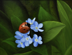 A painting of a bright red ladybug resting on a cluster of pale blue forget-me-not flowers, surrounded by deep green leaves.