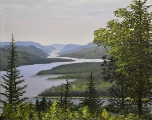 This painting is a realistic, elevated view of a vast, tranquil wilderness landscape, dominated by rolling. blue-green mountains and a winding blue river or lake. The foreground is framed by dark evergreen and bright green deciduous trees, which look down over the expansive, hazy valley below.