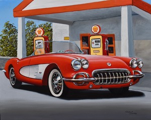 This painting captures a hot, sun-drenched day focusing on the sleek, iconic curve of a vintage red Corvette, reflecting the bright light against the bold, nostalgic shapes of yellow gas pumps and the cool shadow of a Shell station overhang. The scene feels like a momentary. polished pause on a vibrant summer road trip.