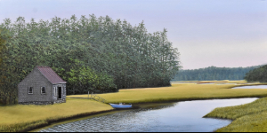 This is a quiet painting of a gray, wooded shingle cabin sitting by a winding lake inlet, which is surrounded by golden marsh grass and a dense green forest. A small blue boat is pulled up near the lonely cabin.