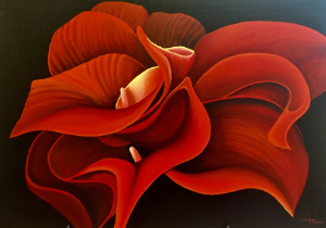 A painting of a vibrant red flower with broad, layered petals that curve dramatically outward, revealing soft yellow and pink tones at its center against a deep black background.