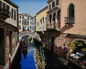 A painting of a narrow Venice canal lined with historic buildings, balconies, and colourful flowers. A gondola glides through the reflective water beneath a small arched bridge, creating a romantic, sunlit scene.