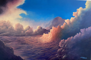 Painting showing a dramatic, vibrant blue sky over a textured sea of reddish-purple and brown clouds. The clouds are immense and backlit by pink and orange light, resembling a massive, churning ocean wave.
