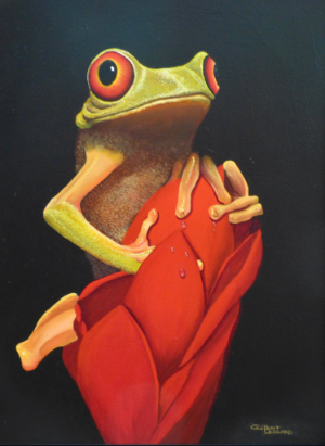 Painting of a happy little red-eyed tree frog painted with high quality cadmium oil paints. Texture is rendered exquisitely as well as water droplets on the flower petals.  
