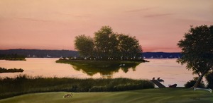This painting displays a beautiful lake side view overlooking Prince Edwards County, during a peachy sunset.A central green island is the focus of the painting, complimenting the sunset. This peacefull scene has a little visitor, a lonely fox. 