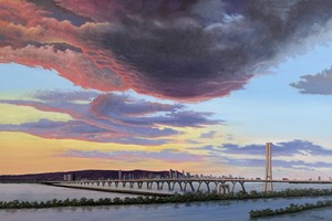 This painting shows a long bridge stretching over calm water toward a distant city skyline, all set beneath a dramatic sky at sunset. Dark, swirling clouds mix with warm pinks and yellows, creating a striking contrast above the peaceful scene below.
