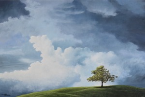 Large dark stormy clouds take over this paintings background as a lonely leafy tree rests on a green field. This painting is moody while offering the viewer a glimpse of life through its natural subject
